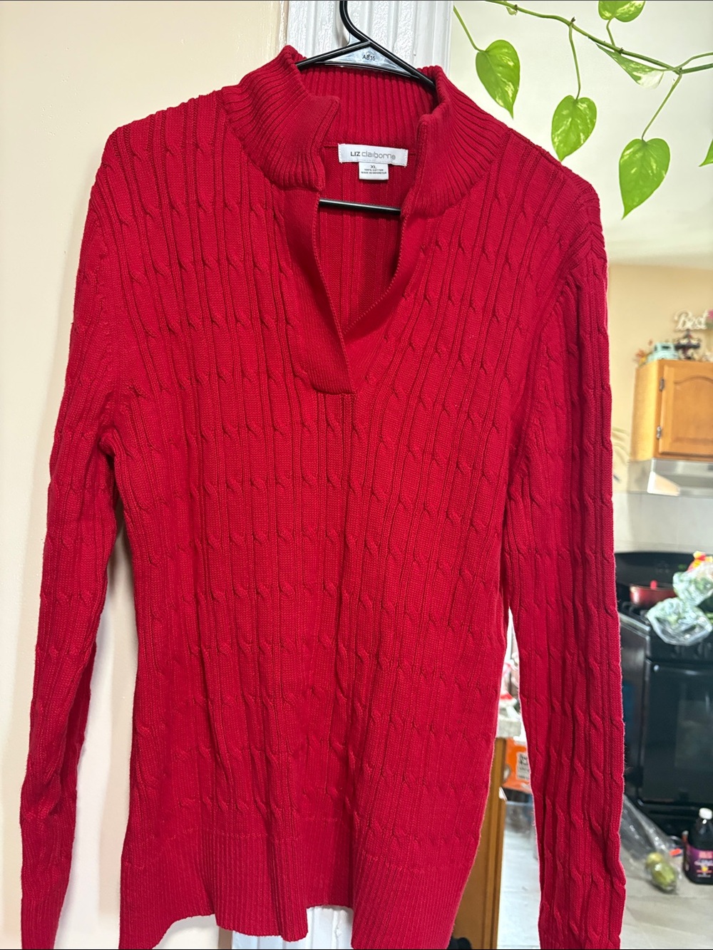 Liz Claiborne Red Cable-Knit V-Slit Turtleneck Sweater